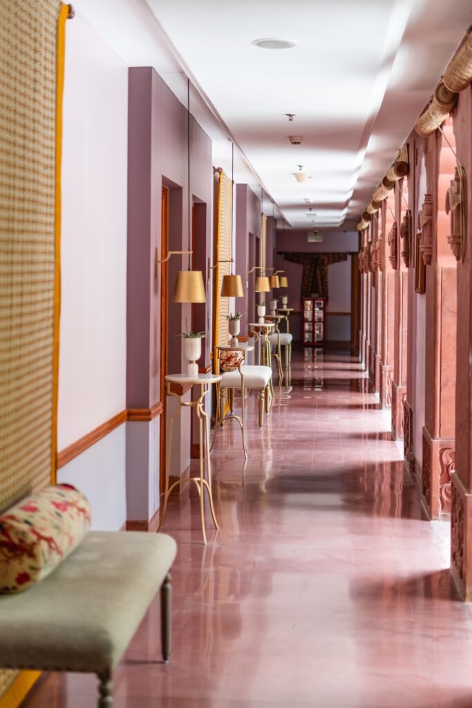 Explore the elegance of a heritage hotel corridor in Bikaner, showcasing luxurious Rajasthani design.